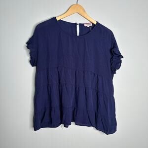 Andree by Unit Babydoll Top Womens Large Navy Blue EUC Ruffle Tiered Blouse